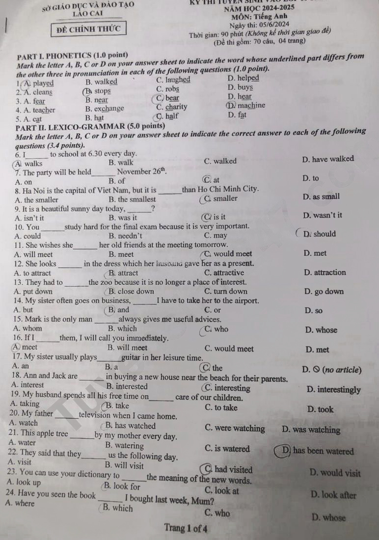 Đề thi tuyển sinh lớp 10 môn Anh Lào Cai 2024