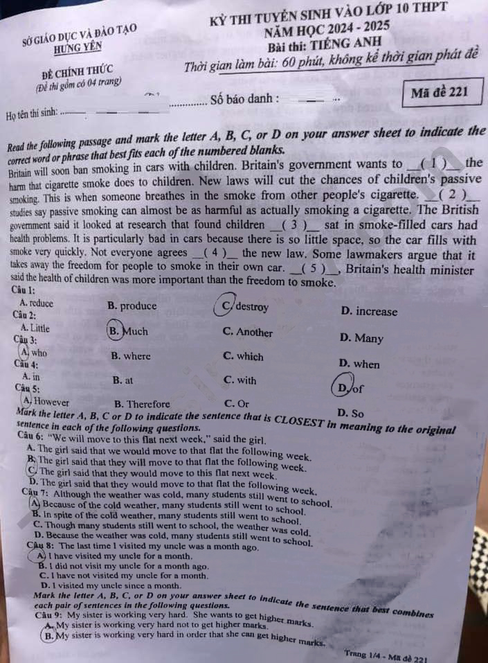 Đề thi vào lớp 10 môn Anh Hưng Yên 2024-2025