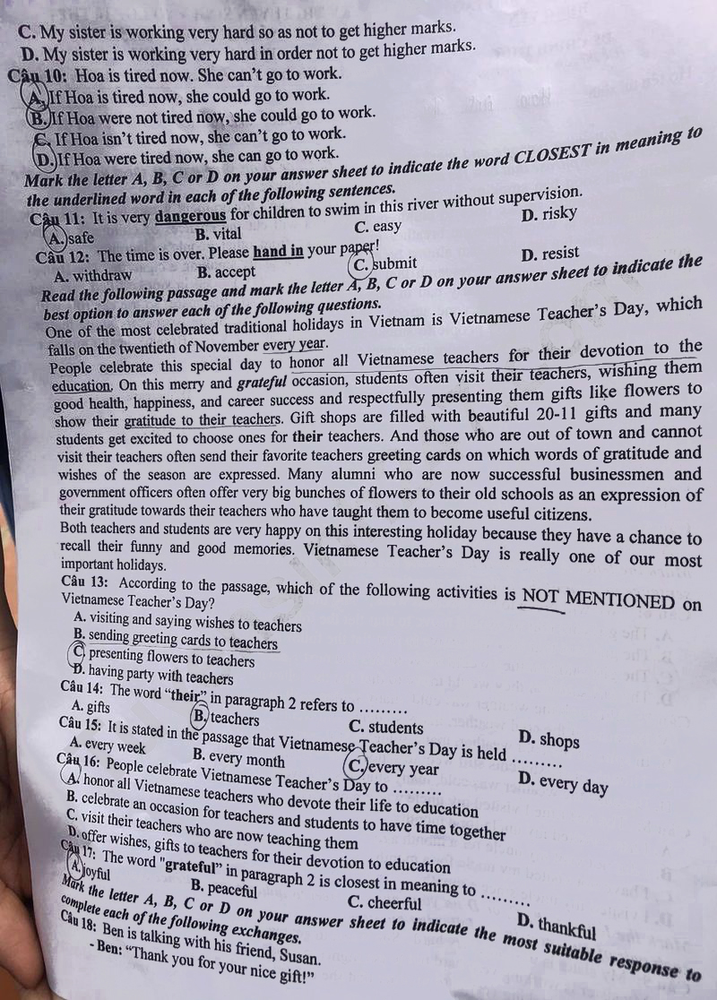 Đề thi vào lớp 10 môn Anh Hưng Yên 2024-2025