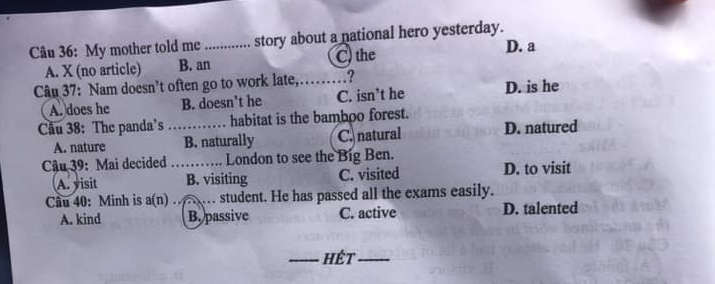 Đề thi vào lớp 10 môn Anh Hưng Yên 2024-2025