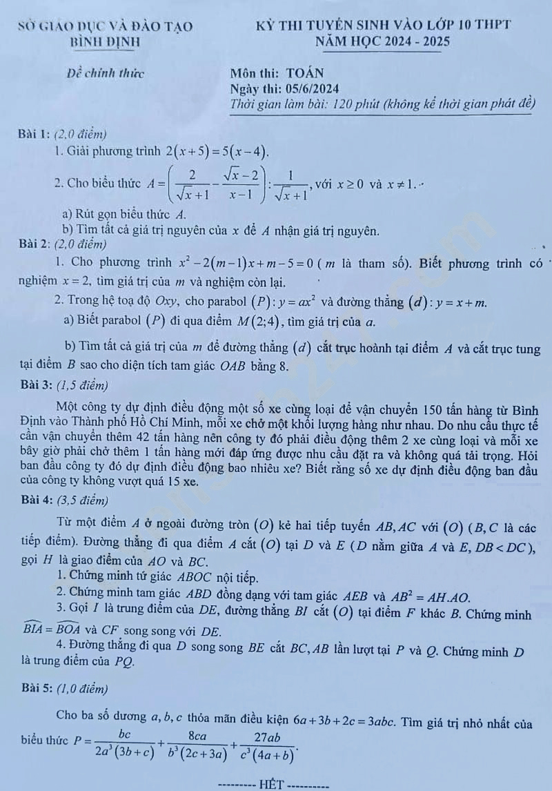Đề thi tuyển sinh lớp 10 môn Toán Bình Định 2024