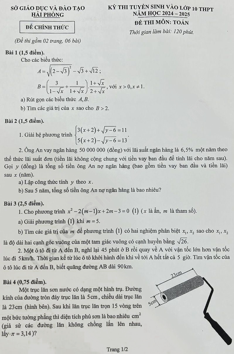 Đề thi vào 10 môn Toán Hải Phòng 2024