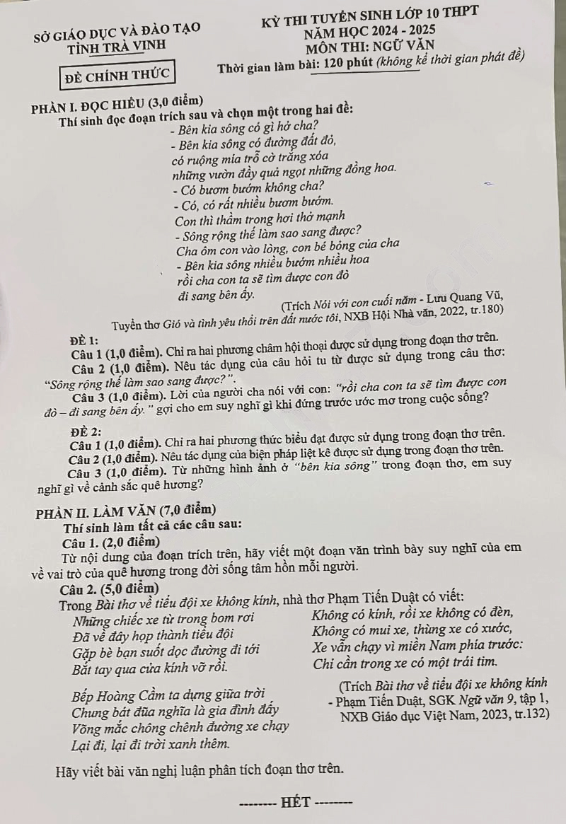 Đề thi tuyển sinh lớp 10 môn Văn Trà Vinh 2024