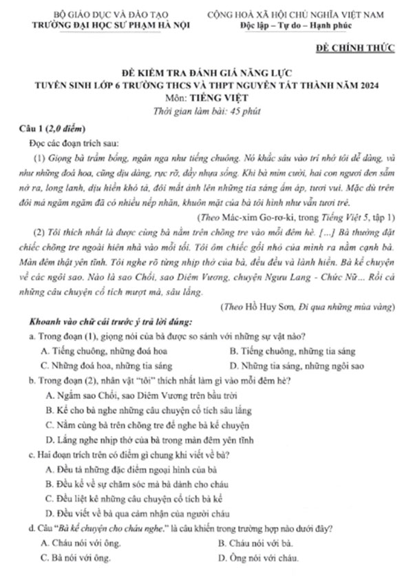  Đề thi tuyển sinh vào lớp 6 môn Tiếng Việt trường Nguyễn Tất Thành năm 2024-2025