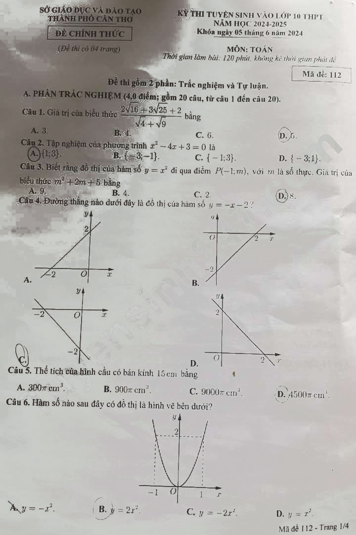 Đề thi tuyển sinh lớp 10 môn Toán Cần Thơ 2024-2025