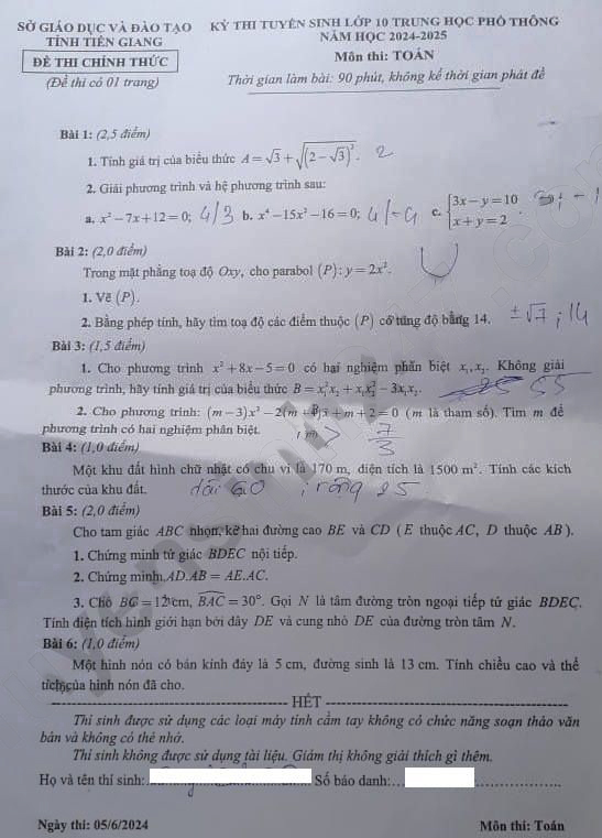Đề thi vào 10 môn Toán Tiền Giang 2024