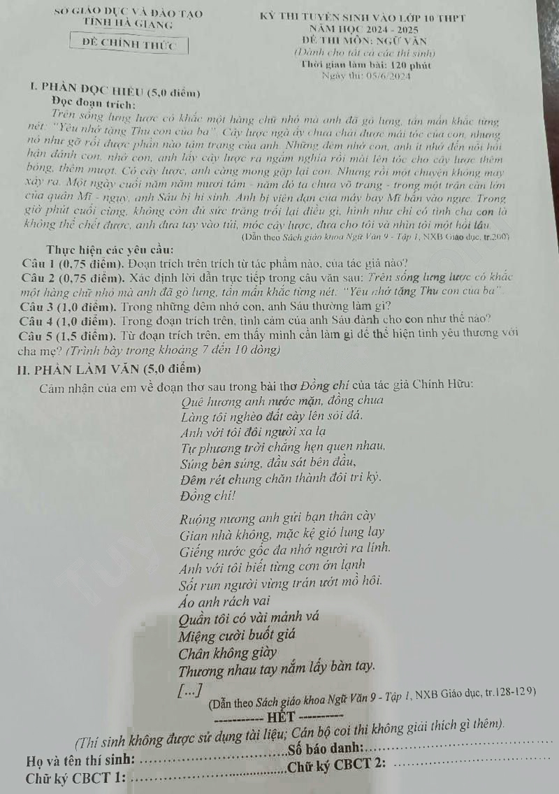 Đề thi tuyển sinh lớp 10 môn Văn Hà Giang 2024