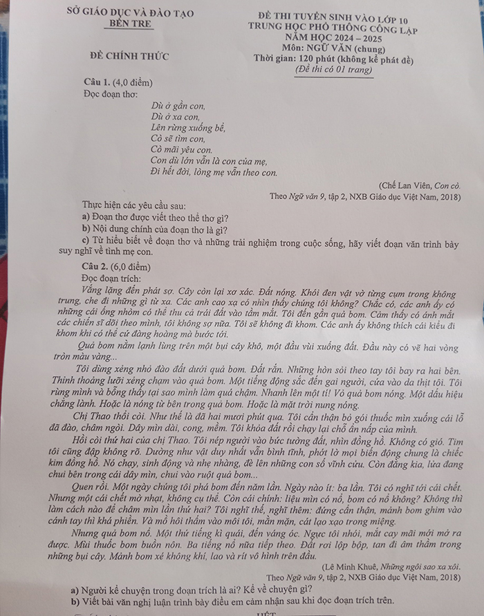Đề thi tuyển sinh lớp 10 môn Văn Bến Tre 2024