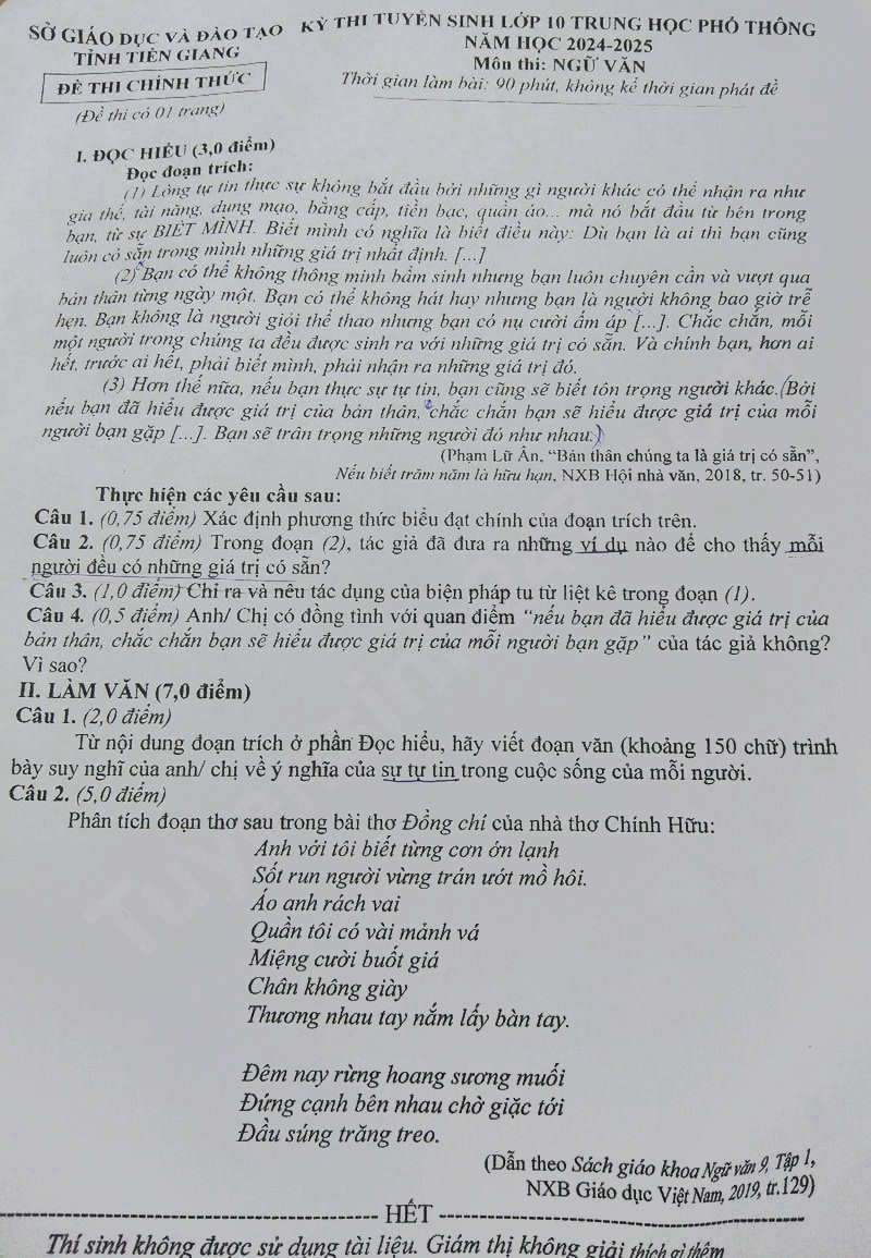 Đề thi vào 10 môn Văn Tiền Giang 2024