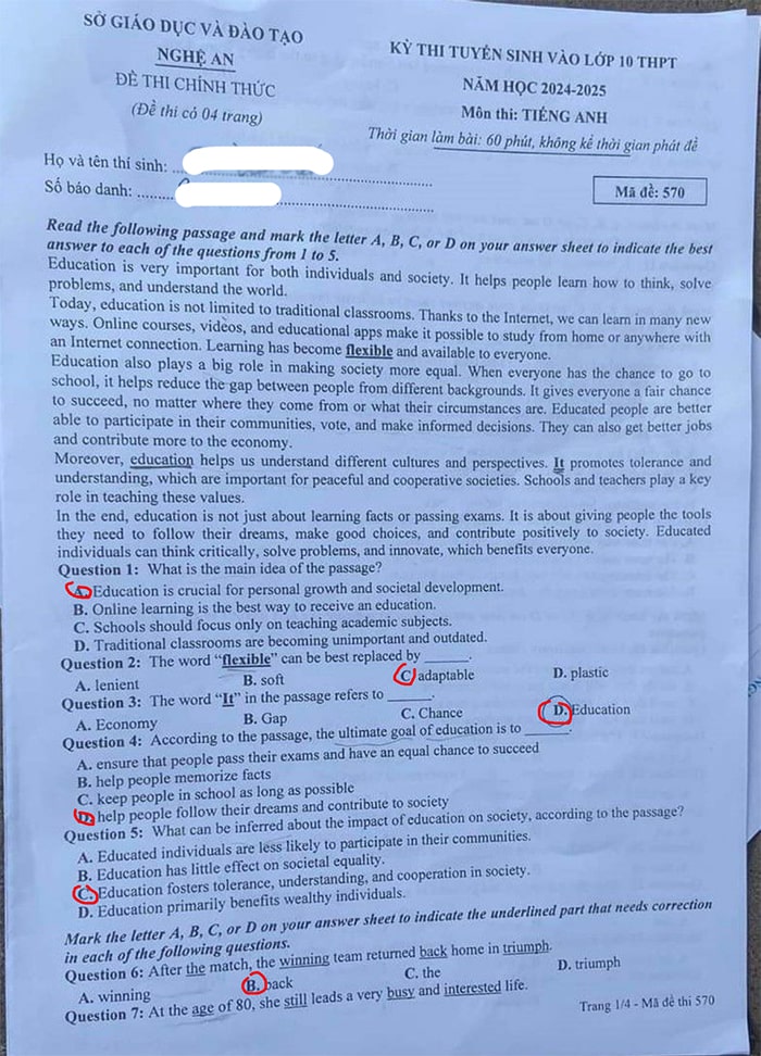 Đáp án đề Anh vào 10 Nghệ An 2024 mã đề 570
