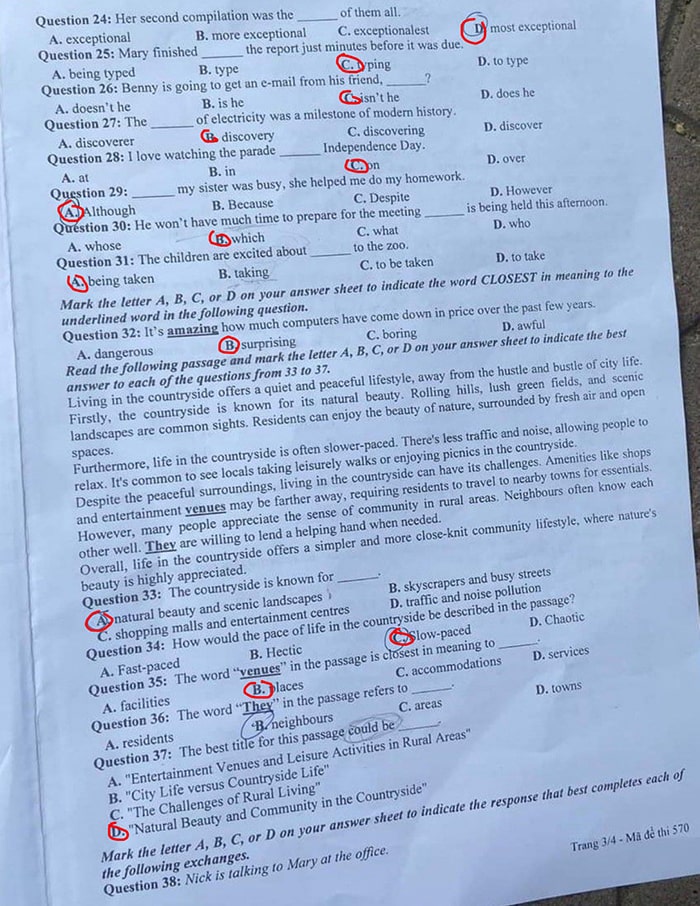 Đáp án đề Anh vào 10 Nghệ An 2024 mã đề 570