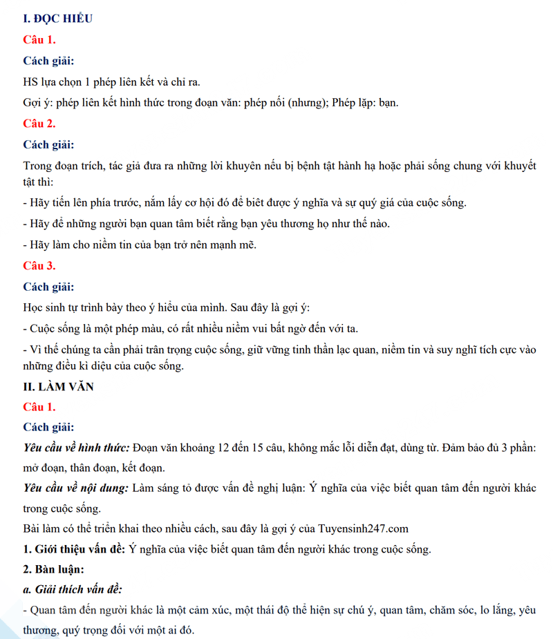 Đáp án đề thi tuyển sinh lớp 10 môn Văn Lạng Sơn 2024-2025