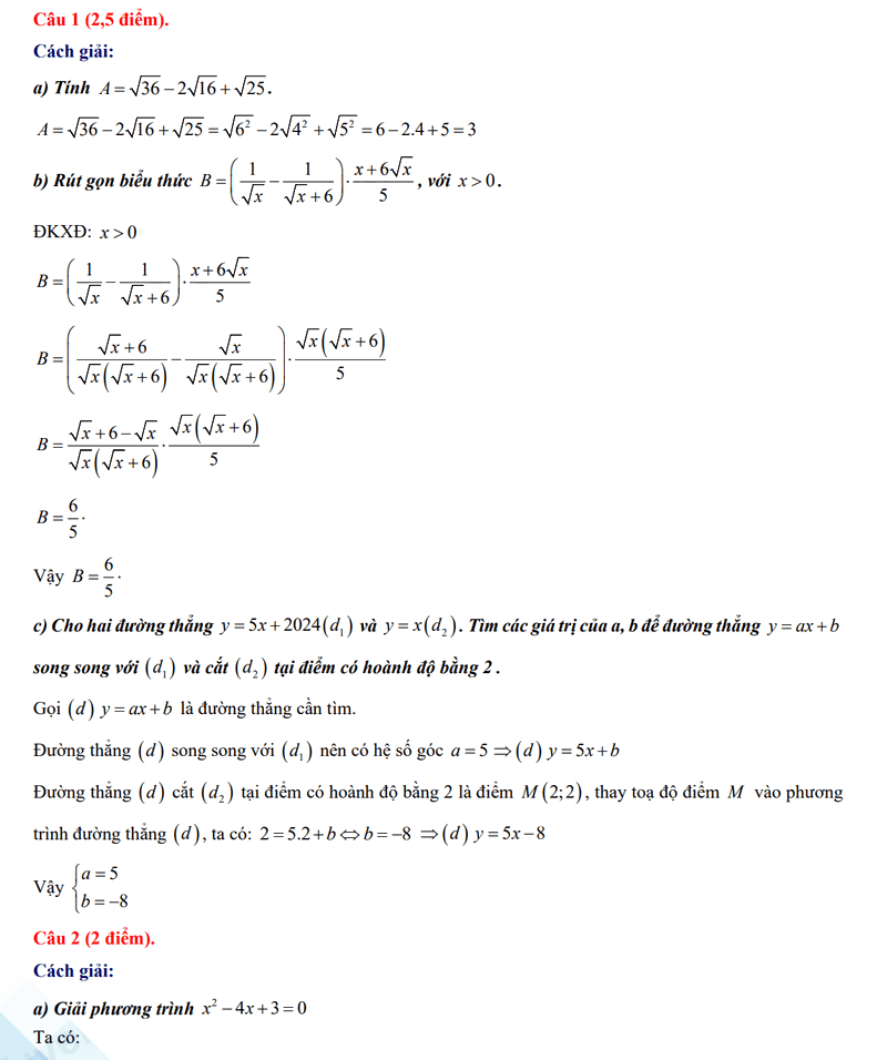 Đáp án đề thi tuyển sinh lớp 10 môn Toán Nghệ An 2024