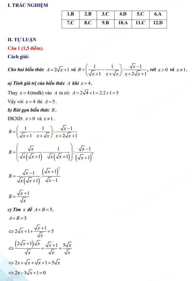 Đáp án đề thi vào 10 Toán Phú Thọ 2024