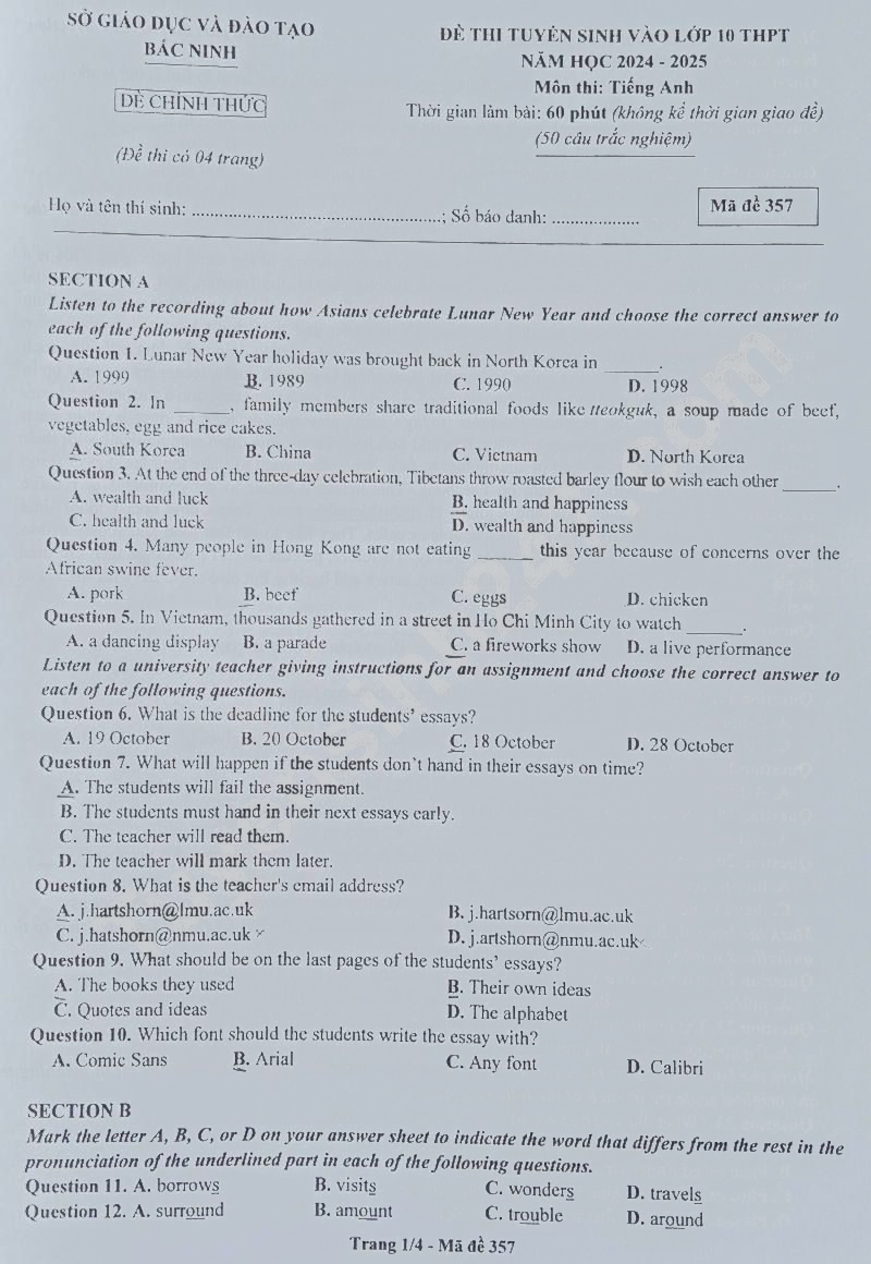 Đề thi Tiếng Anh vào 10 Bắc Ninh 2024