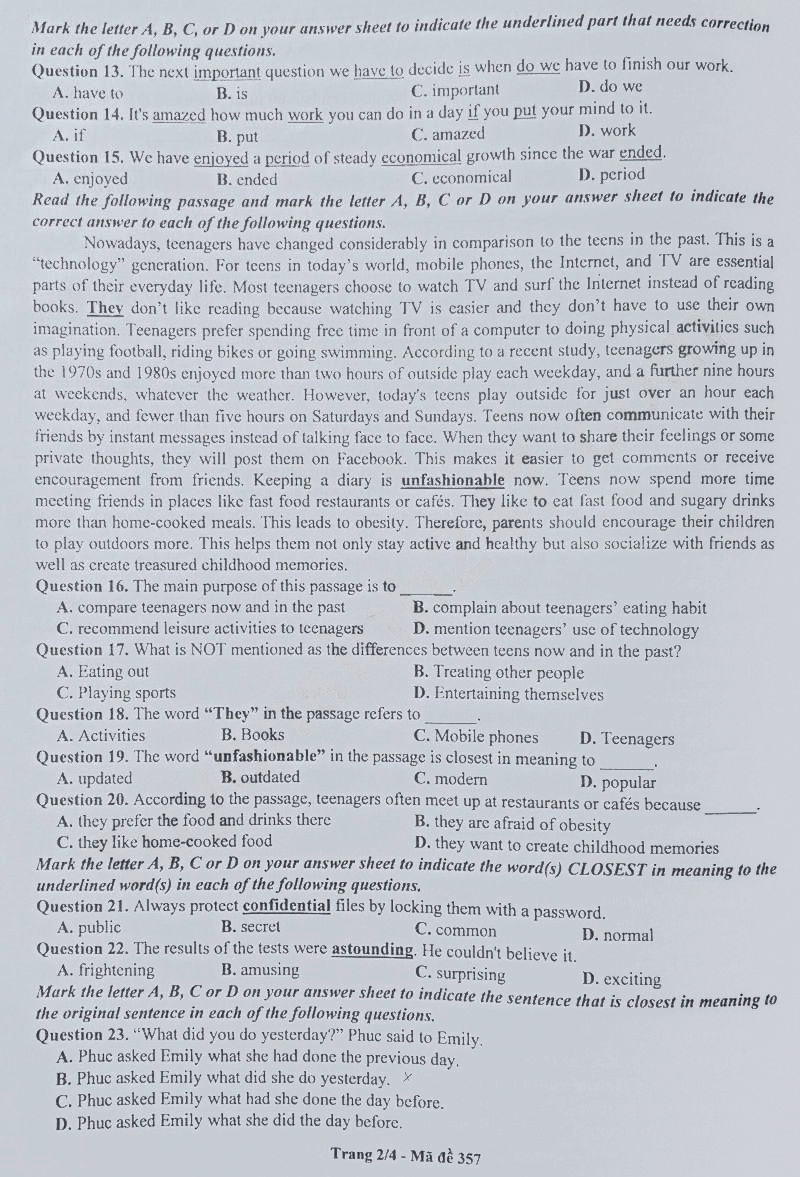 Đề thi Tiếng Anh vào 10 Bắc Ninh 2024