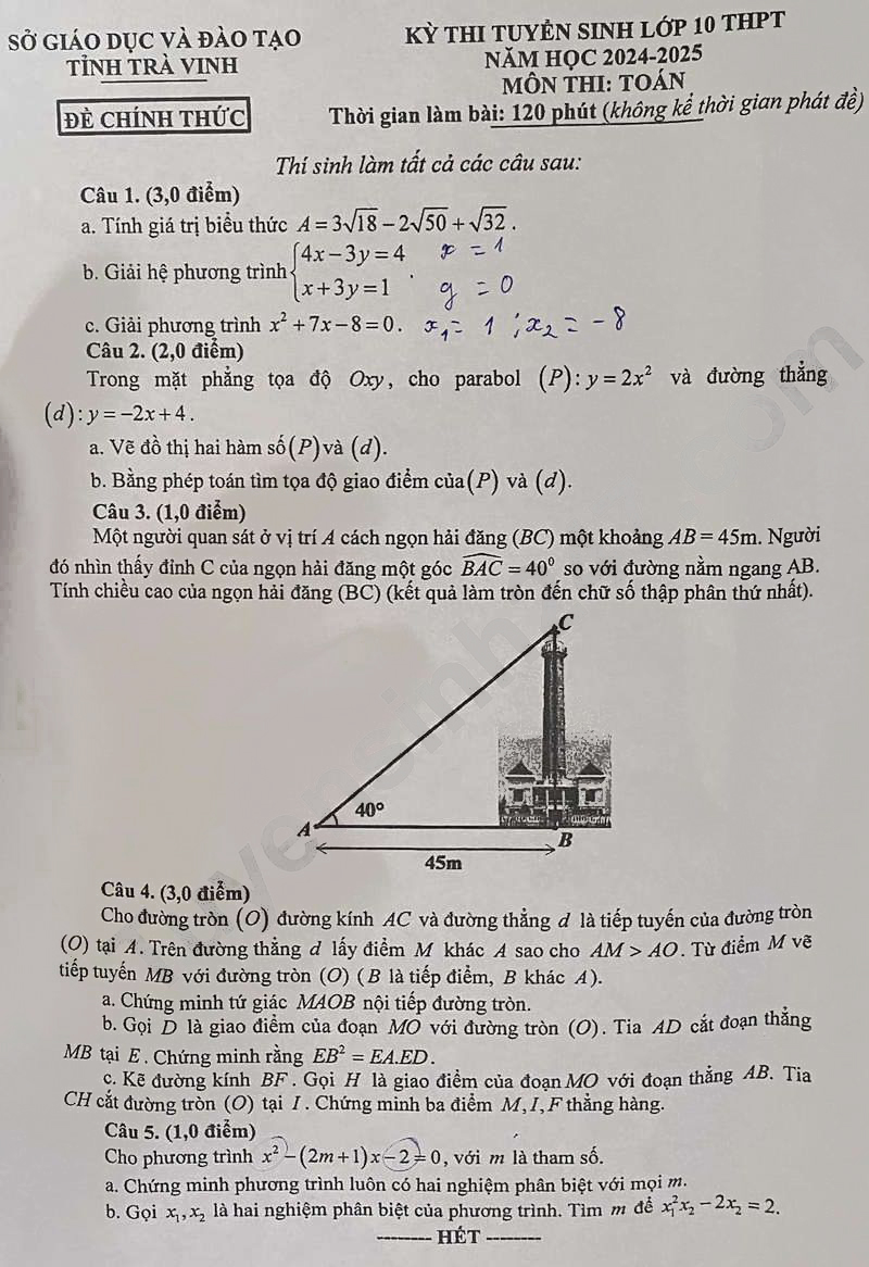Đề thi tuyển sinh lớp 10 môn Toán Trà Vinh 2024-2025
