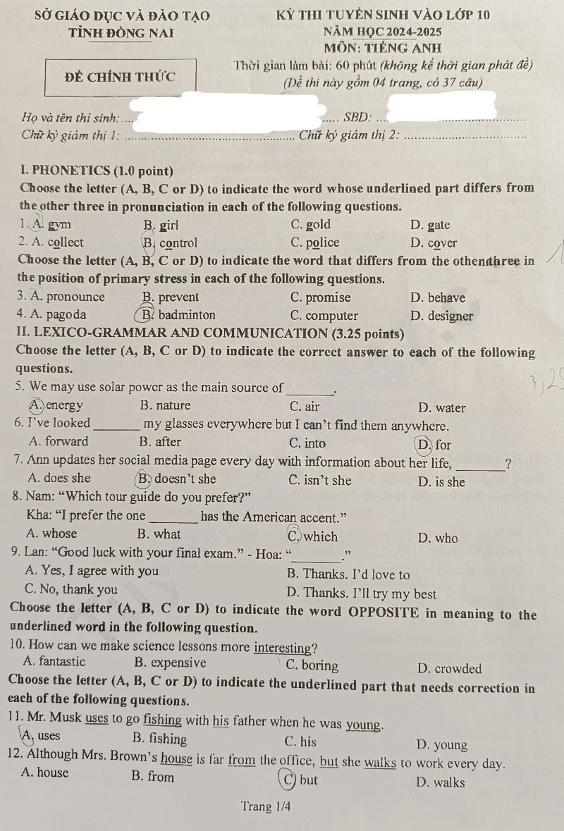 Đề thi tuyển sinh lớp 10 môn Anh Đồng Nai 2024-2025