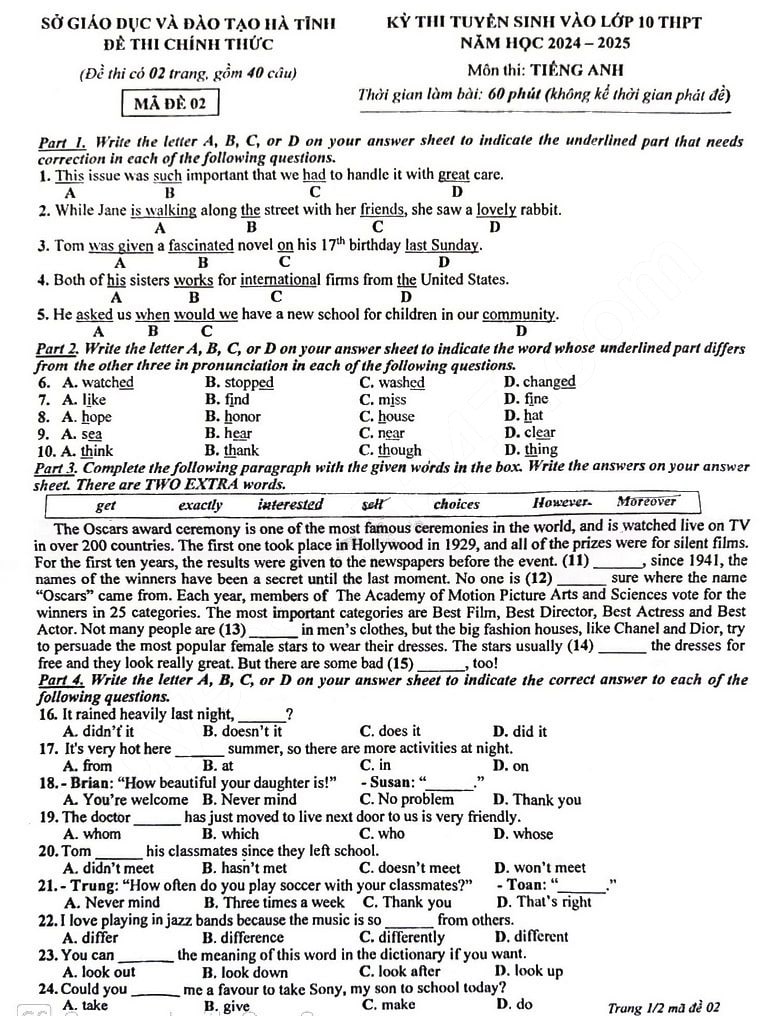 Đề thi tuyển sinh lớp 10 môn Anh Hà Tĩnh 2024