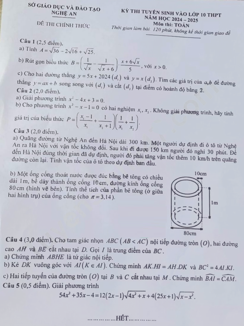 Đề thi vào lớp 10 môn Toán Nghệ An 2024