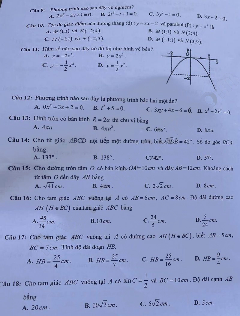 Đề thi tuyển sinh lớp 10 môn Toán Bến Tre 2024