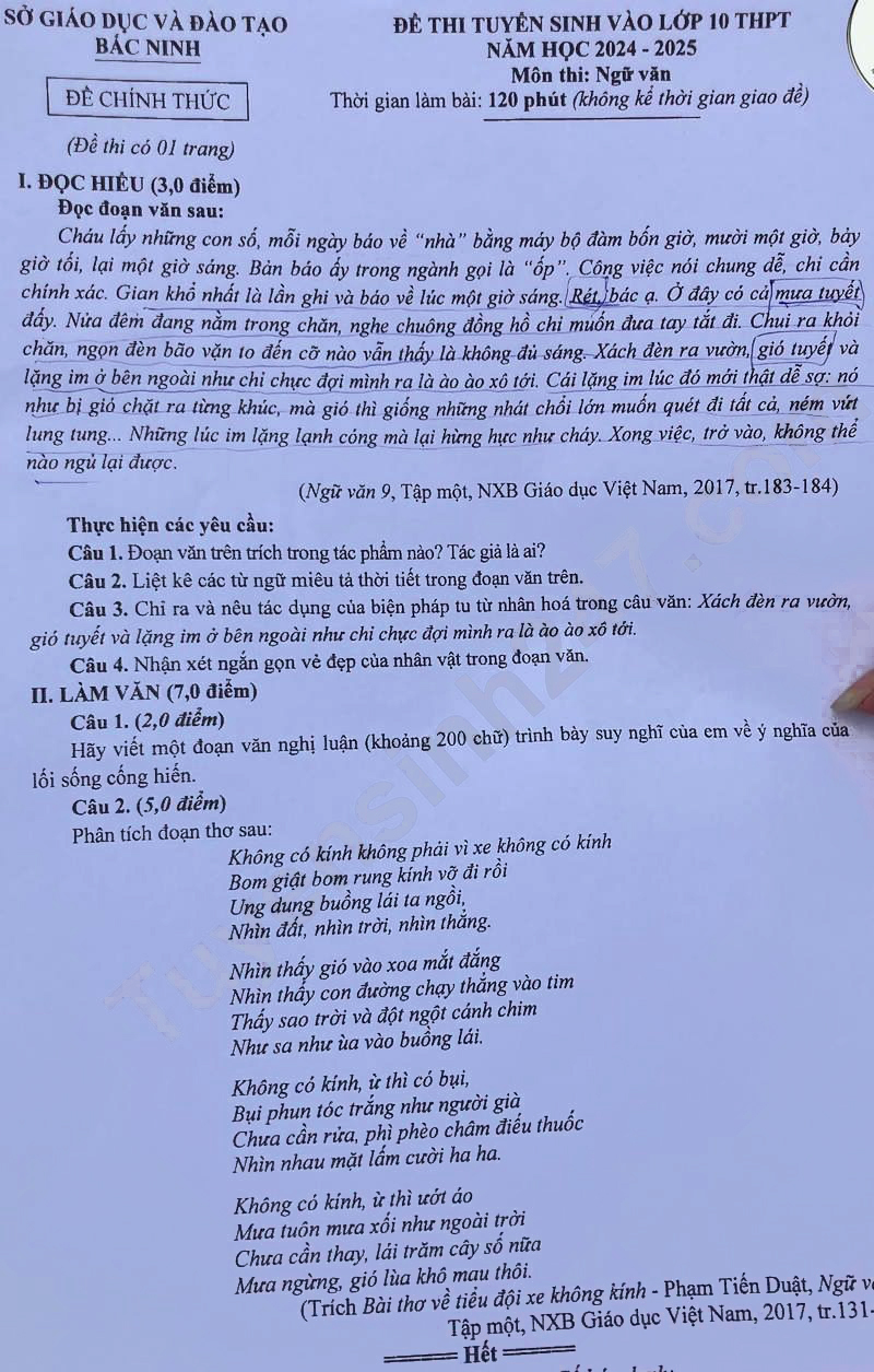 Đề thi vào 10 môn Văn Bắc Ninh 2024