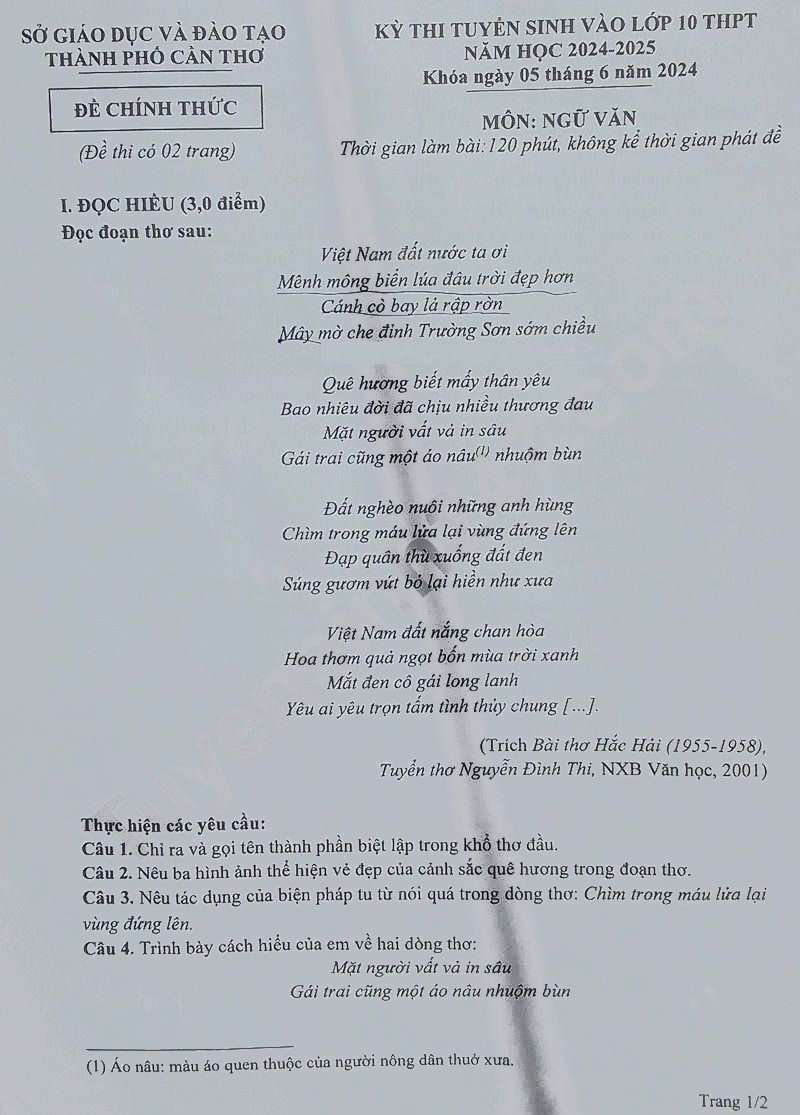  Đề thi tuyển sinh lớp 10 môn Văn Cần Thơ 2024-2025