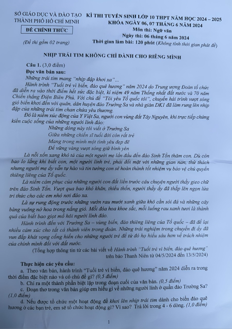 Đề thi tuyển sinh lớp 10 môn văn TP HCM 2024