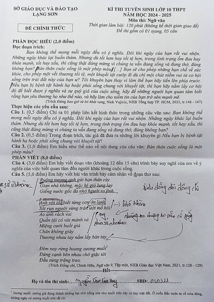 Đề thi vào 10 môn Văn Lạng Sơn 2024