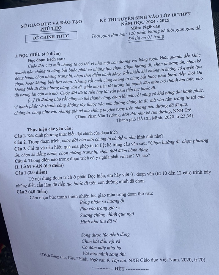 Đề thi vào lớp 10 môn Văn Phú Thọ 2024