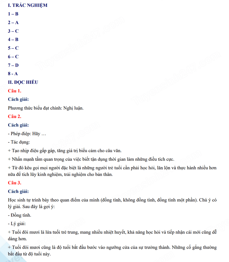 Đáp án đề thi vào lớp 10 môn Văn Nam Định 2024