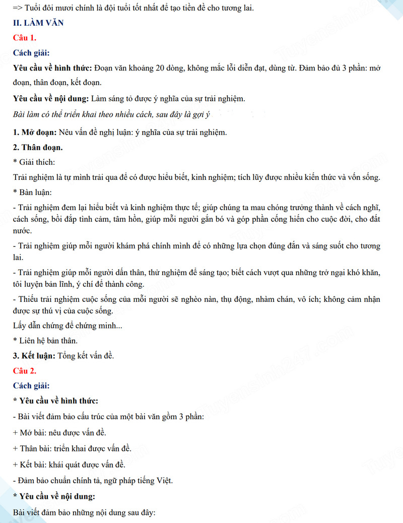 Đáp án đề thi vào lớp 10 môn Văn Nam Định 2024