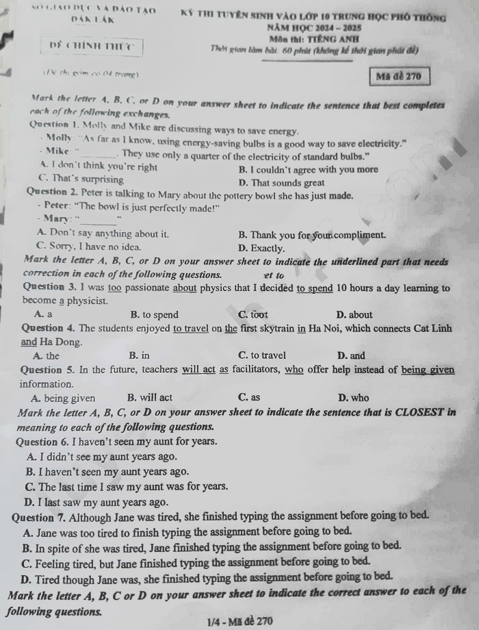 Đề thi tuyển sinh lớp 10 môn Anh Đắk Lắk 2024