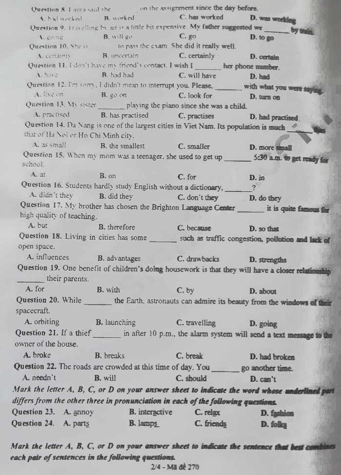 Đề thi tuyển sinh lớp 10 môn Anh Đắk Lắk 2024