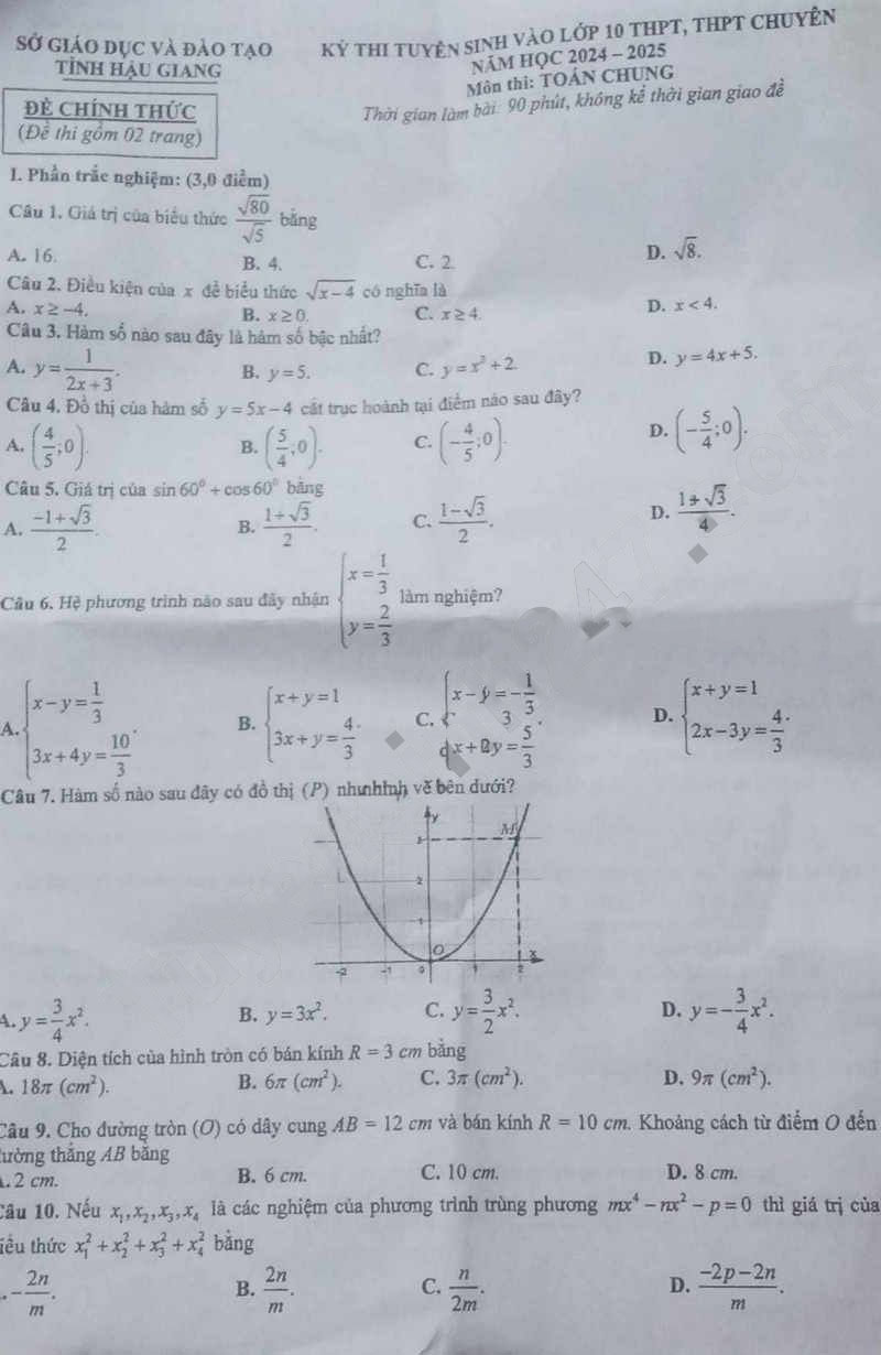 Đề thi vào 10 môn Toán Hậu Giang 2024