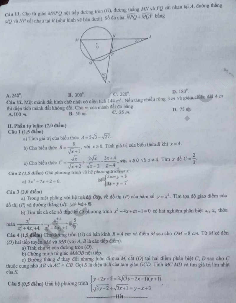 Đề thi vào 10 môn Toán Hậu Giang 2024