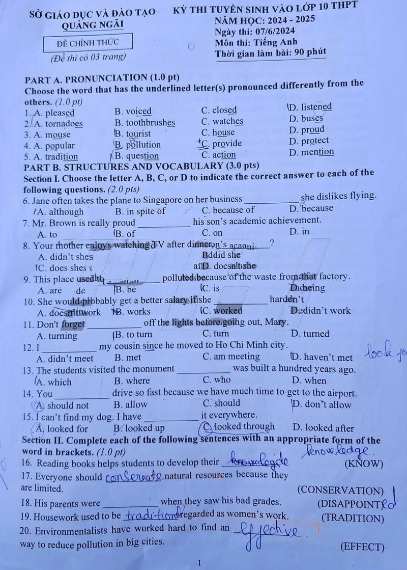 Đề Tiếng Anh thi vào 10 Quảng Ngãi 2024