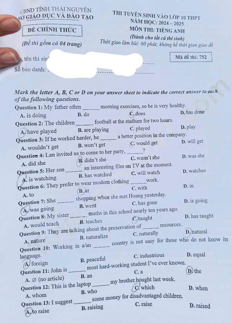 File đề thi tuyển sinh lớp 10 môn Anh Thái Nguyên 2024