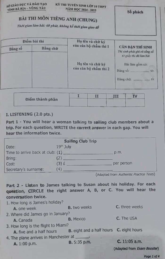 Đáp án đề thi tuyển sinh vào 10 môn Anh Bà Rịa Vũng Tàu 2024
