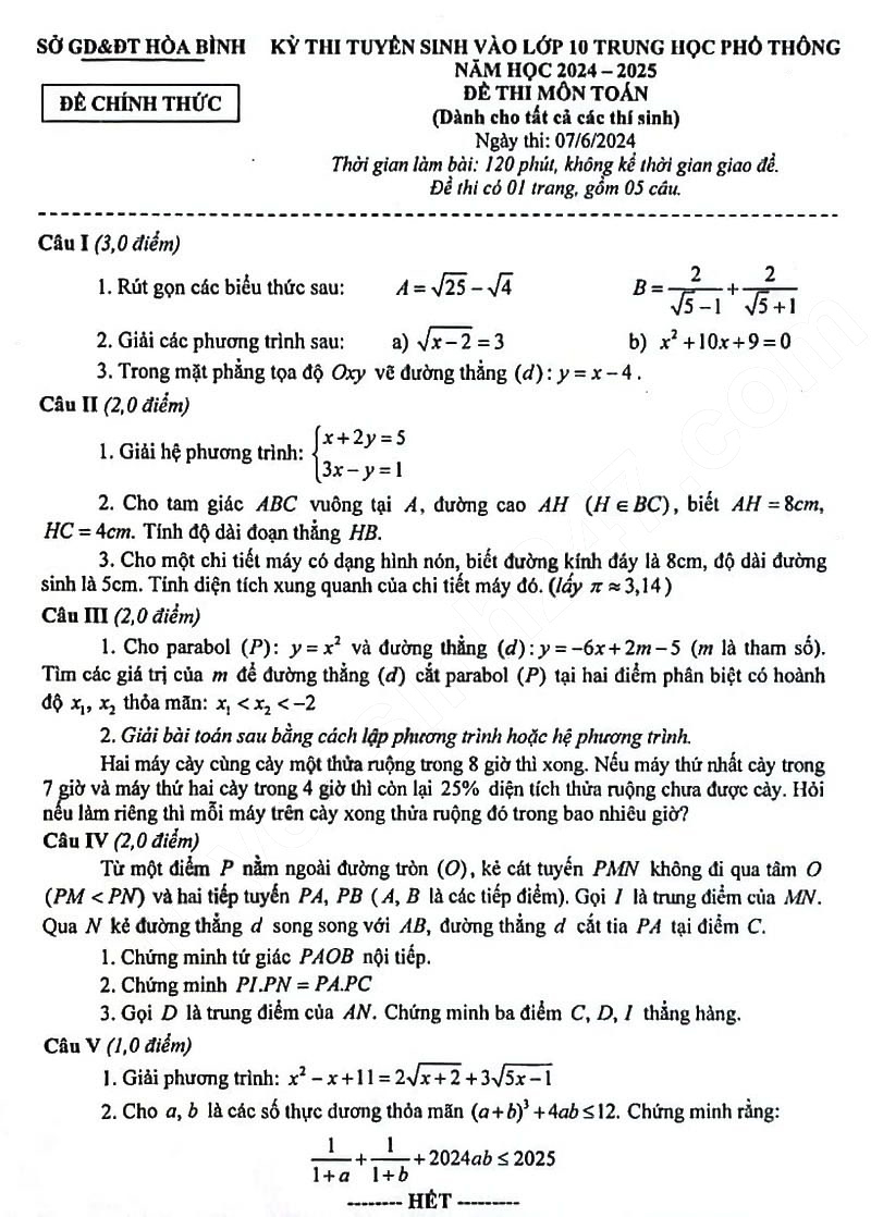Đề thi vào 10 môn Toán Hòa Bình 2024
