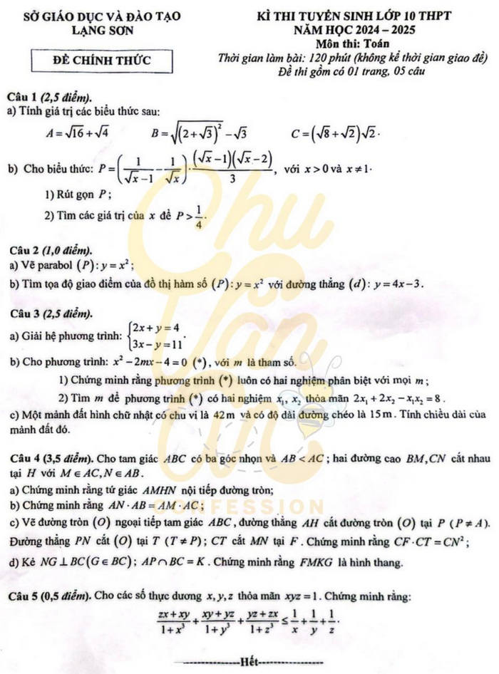 Đề thi tuyển sinh lớp 10 môn Toán Lạng Sơn 2024-2025