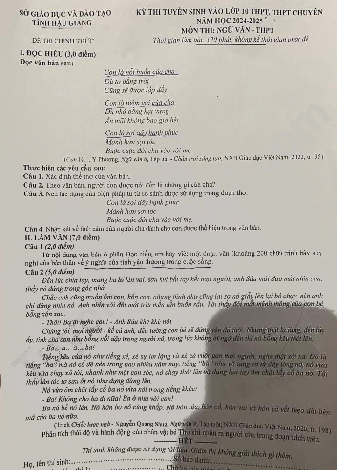 Đề thi tuyển sinh lớp 10 môn văn Hậu Giang 2024