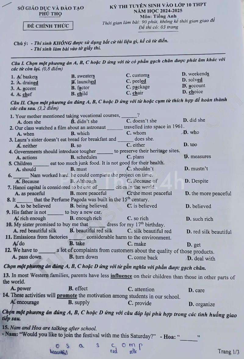 Đề thi tuyển sinh lớp 10 môn Anh Phú Thọ 2024