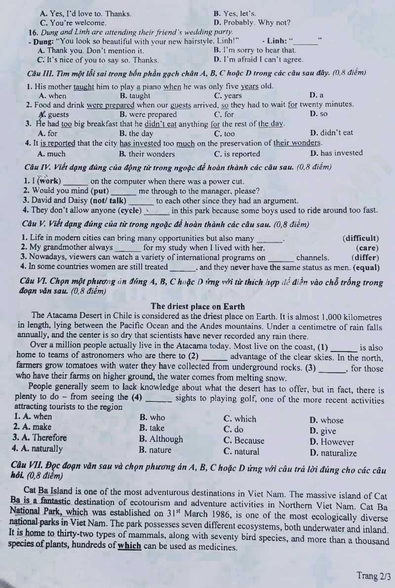 Đề thi tuyển sinh lớp 10 môn Anh Phú Thọ 2024