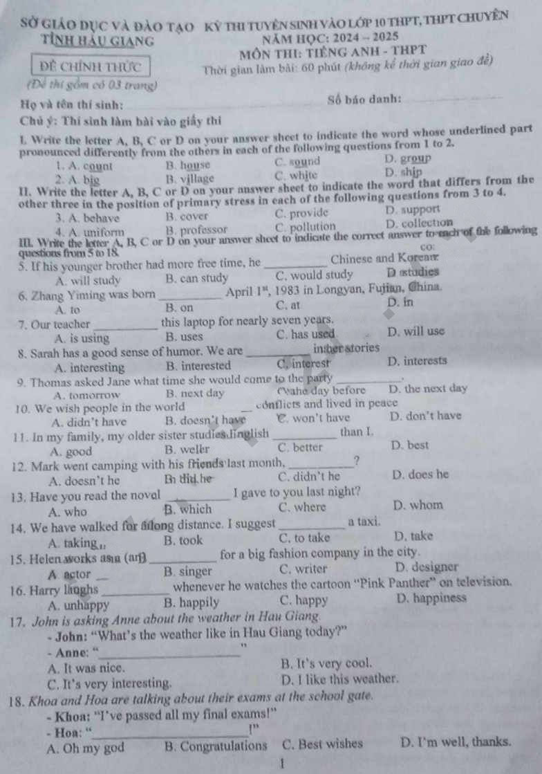 Đề thi tuyển lớp 10 môn Tiếng Anh Hậu Giang 2024-2025