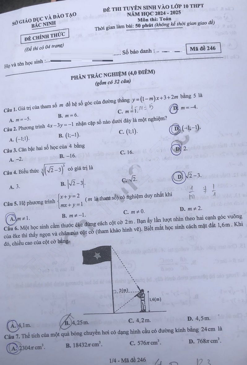 Đề thi vào 10 môn Toán Bắc Ninh 2024