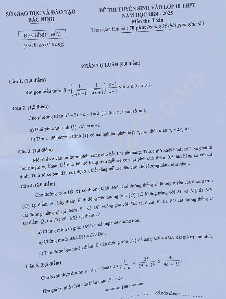 Đề thi vào 10 môn Toán Bắc Ninh 2024