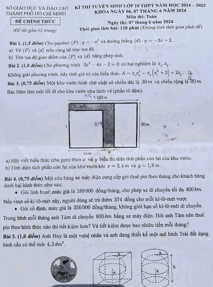 Đề thi tuyển sinh lớp 10 môn toán 2024-2025 TP HCM