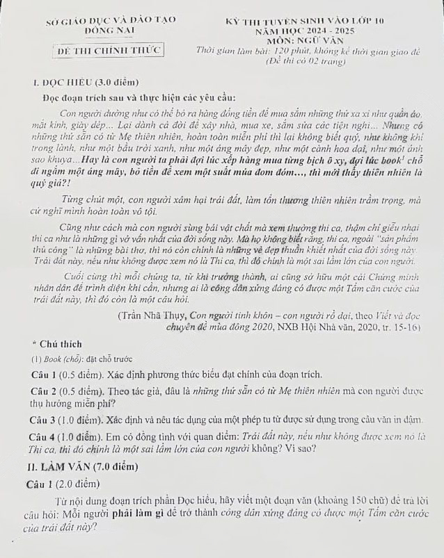 Đề thi tuyển sinh lớp 10 môn Văn Đồng Nai 2024-2025
