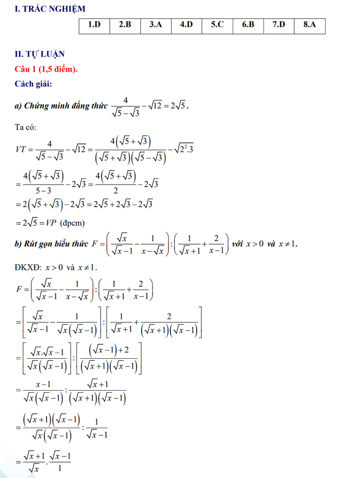 Đáp án đề thi tuyển sinh lớp 10 môn Toán 2024-2025 Nam Định